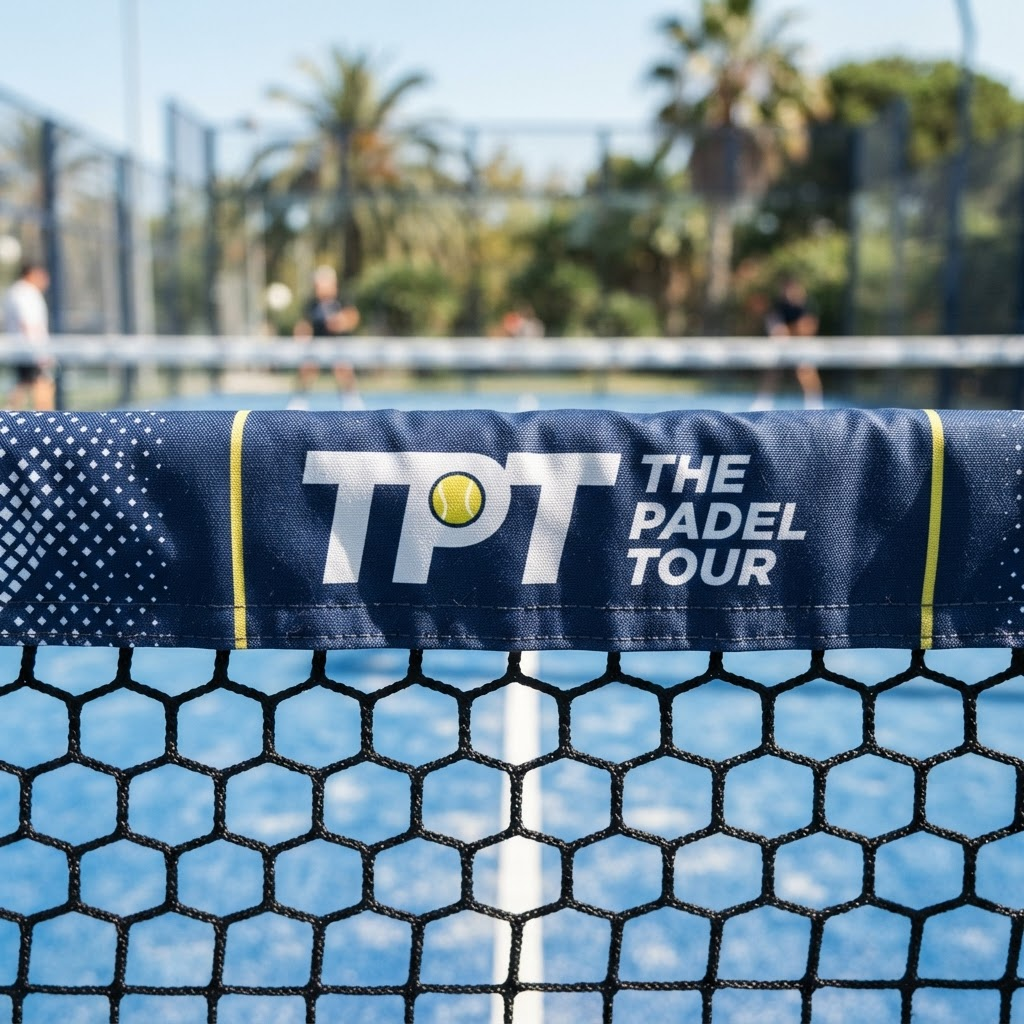 TPT branded net tape on a padel court net