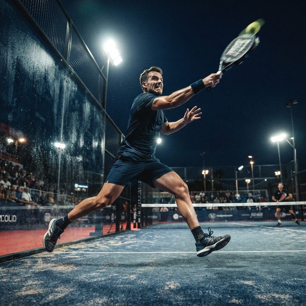 A padel player leaping to strike an overhead smash under stadium floodlights during a competitive TPT match