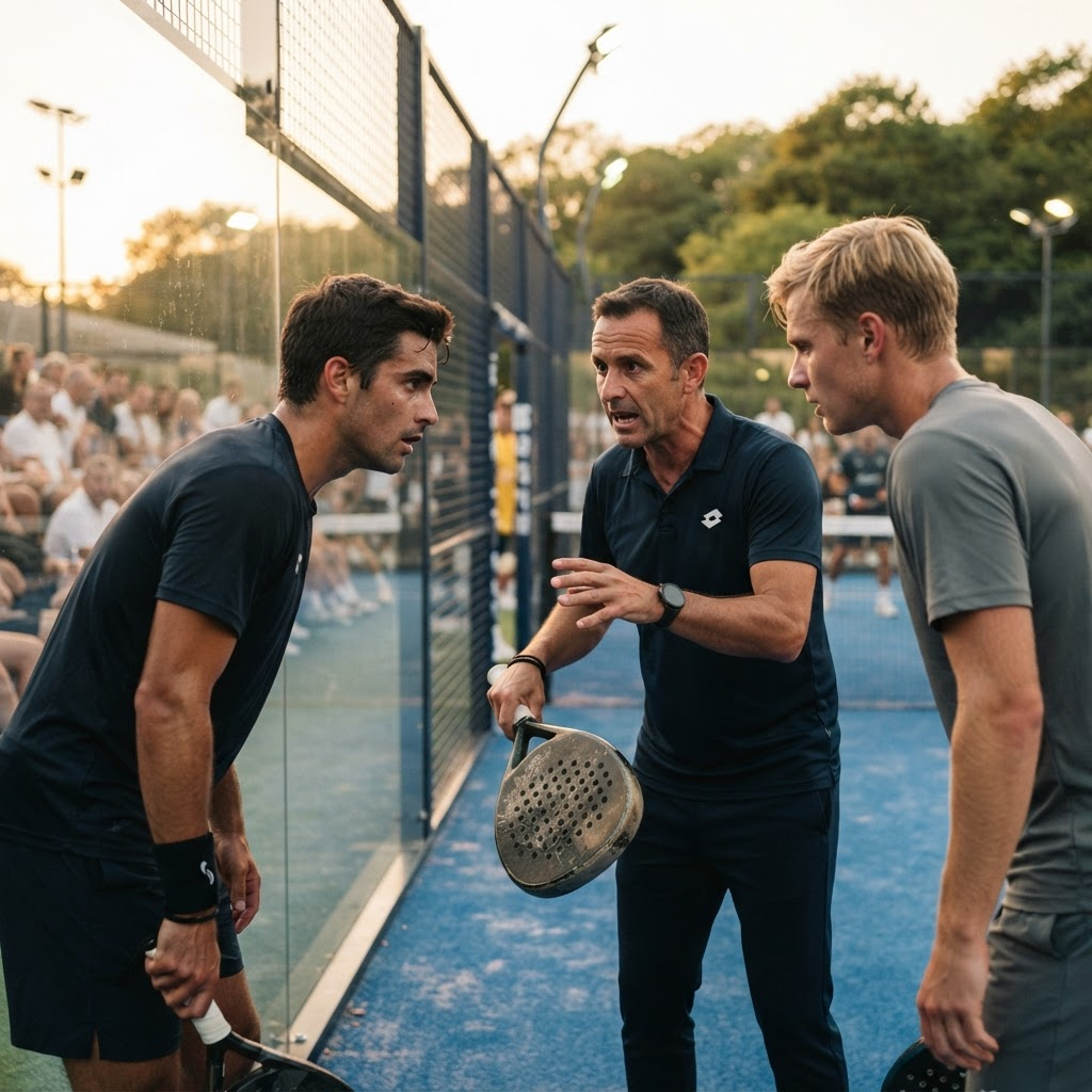 An international padel coach giving tactical instruction to players during a TPT Masterclass