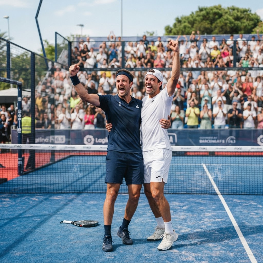 Two padel players celebrating a winning point during a TPT Open tournament